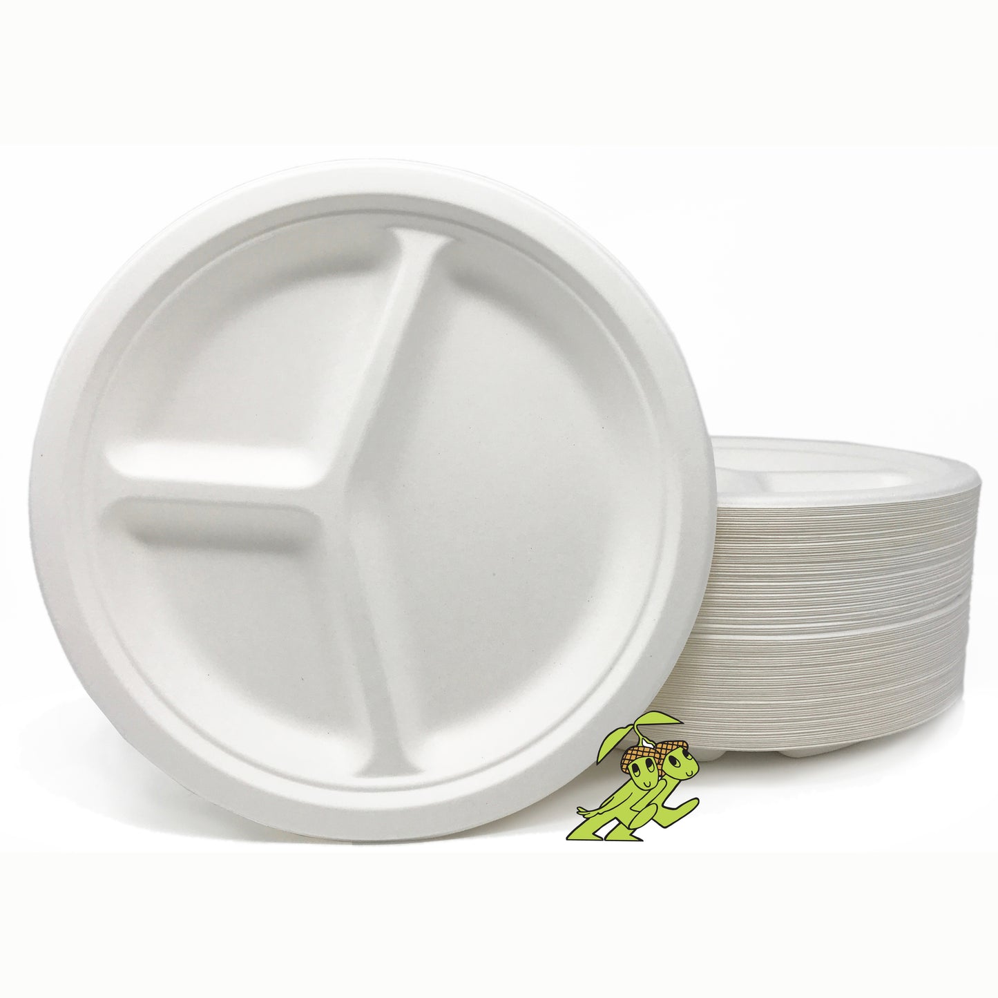 Compostable 10" 3-Compartment Plates (White) - made from sugarcane