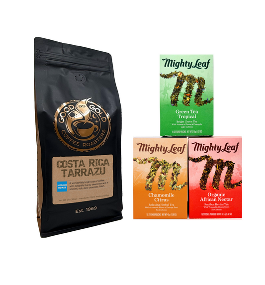 Coffee & Tea Favorites Bundle | Good as Gold Coffee + Mighty Leaf Tea Bags (African Nectar, Green Tea Tropical, Chamomile Citrus)