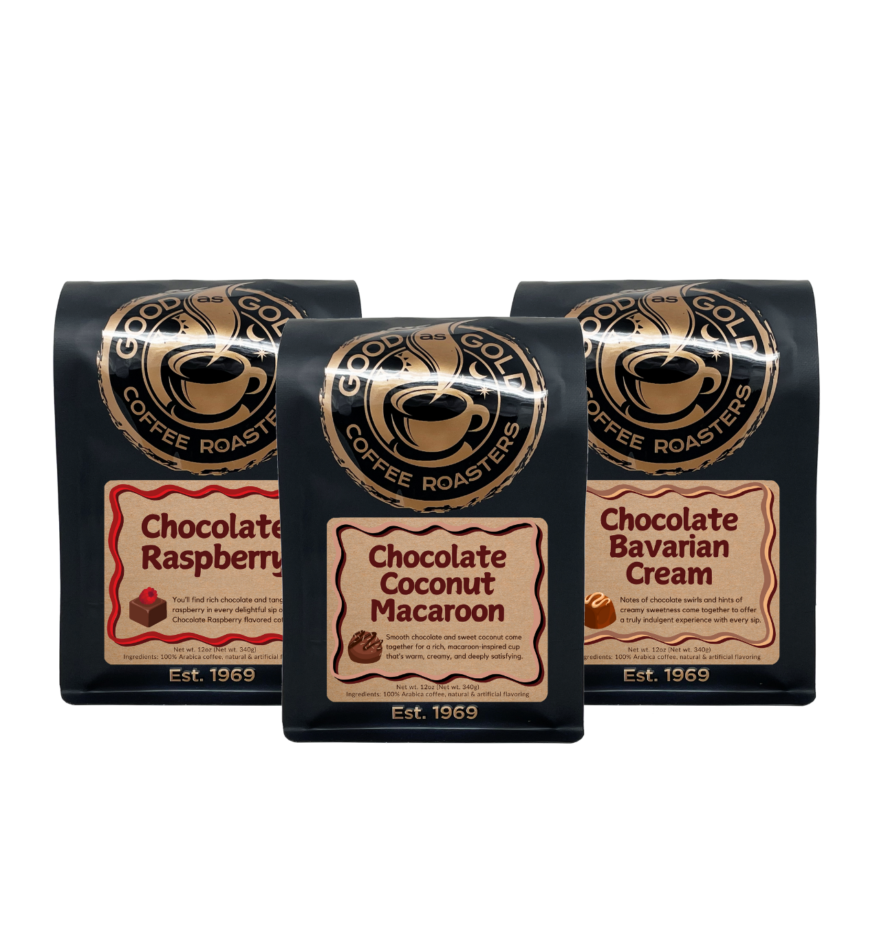 Chocolate Dessert Trio | Chocolate Coconut Macaroon, Chocolate Raspberry, Chocolate Bavarian Cream